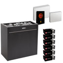 Harvia Virta Pro HL200E sauna heater package with Fenix FX45 control: the HL200E heater, Fenix FX45 control panel and power unit, LTY45 power extension unit, and six boxes of AC3000 stones