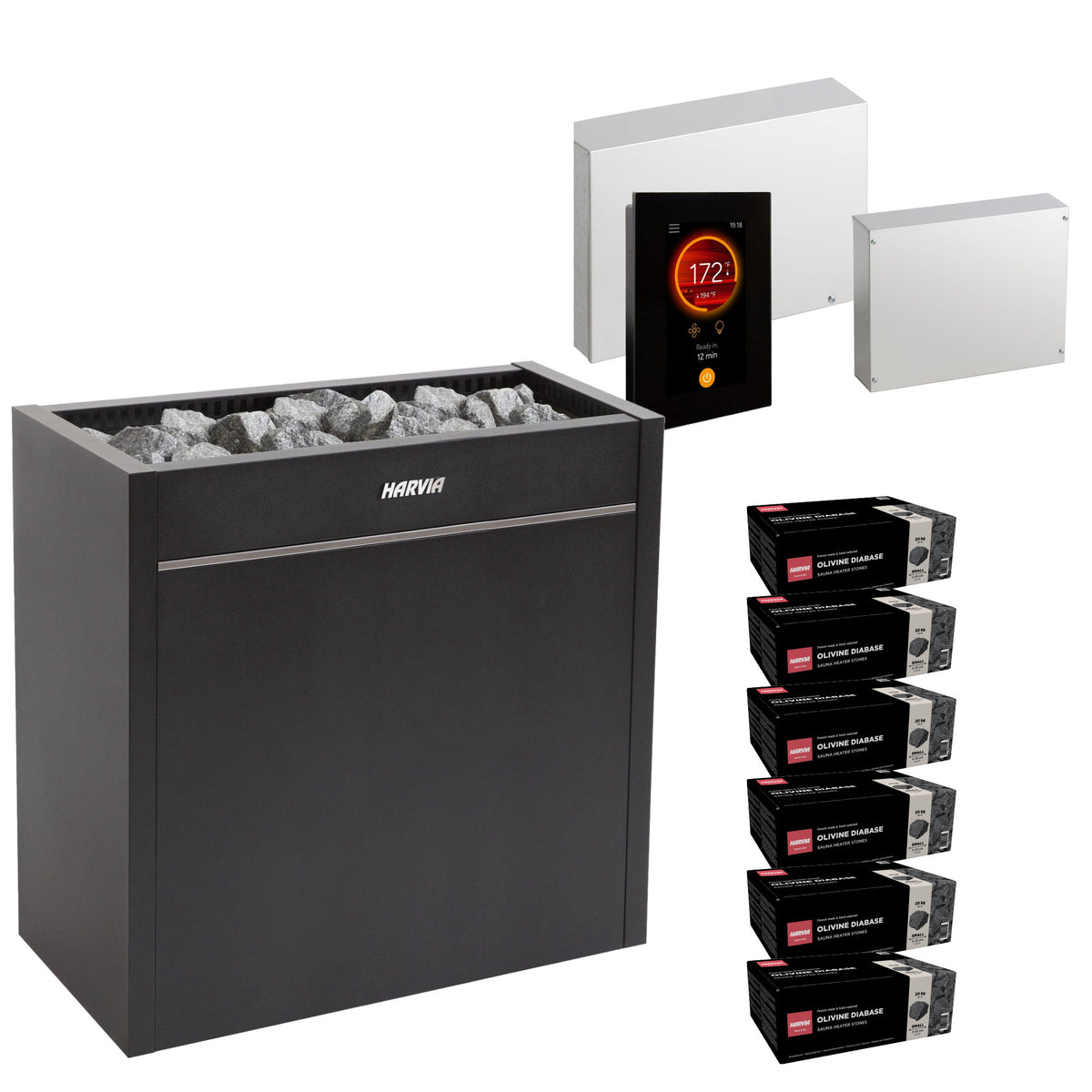 Harvia Virta Pro HL200E sauna heater package with Fenix FX45 control: the HL200E heater, Fenix FX45 control panel and power unit, LTY45 power extension unit, and six boxes of AC3000 stones