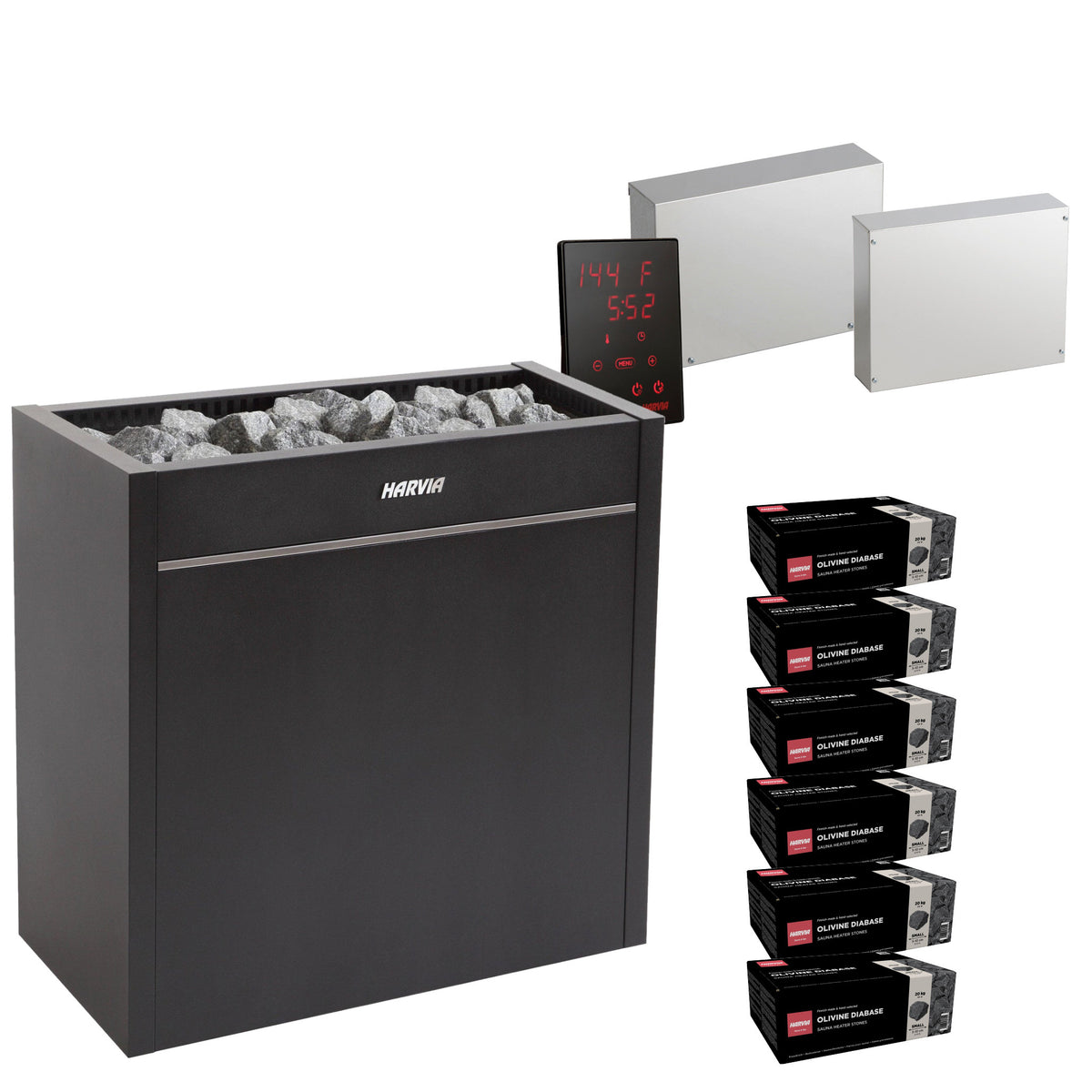 Harvia Virta Pro HL200E sauna heater package with Xenio CX30 control: the HL200E heater, Xenio CX30 control panel and power unit, LTY45 power extension unit, and six boxes of AC3000 stones