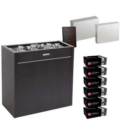 Harvia Virta Pro HL200E sauna heater package with Xenio CX30 control: the HL200E heater, Xenio CX30 control panel and power unit, LTY45 power extension unit, and six boxes of AC3000 stones