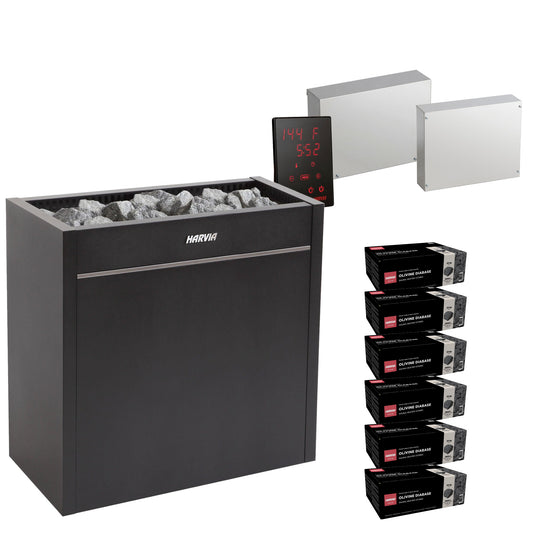 Harvia Virta Pro HL200E sauna heater package with Xenio CX30 control: the HL200E heater, Xenio CX30 control panel and power unit, LTY45 power extension unit, and six boxes of AC3000 stones