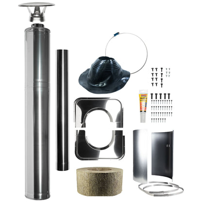 Harvia WHP1500 stainless steel chimney kit laid out, 1500 mm pipe, rain cap, roof flashing, ceiling collar and fixings