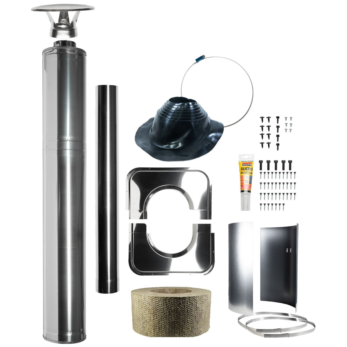 Harvia WHP1500 stainless steel chimney kit laid out, 1500 mm pipe, rain cap, roof flashing, ceiling collar and fixings