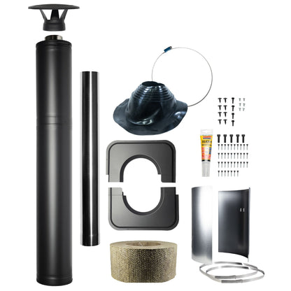 Harvia WHP1500M black steel chimney kit laid out, 1500 mm pipe, rain cap, roof flashing, ceiling collar and fixings