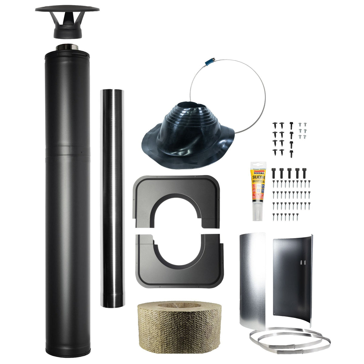 Harvia WHP1500M black steel chimney kit laid out, 1500 mm pipe, rain cap, roof flashing, ceiling collar and fixings