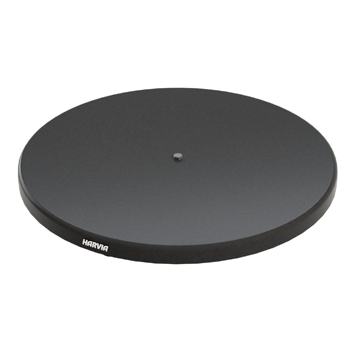 Harvia WL120 round black protective bedding floor plate for a pillar wood-burning sauna stove, studio photo on white