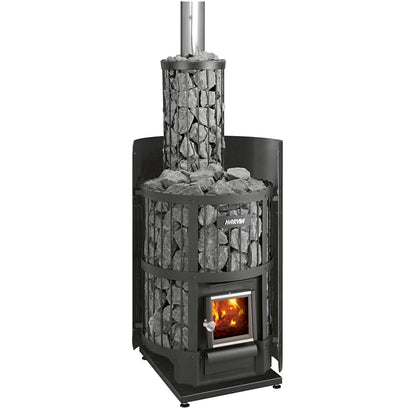 Harvia WL200 protective sheath panel fitted to the side of a Legend stone column stove, studio photo on white