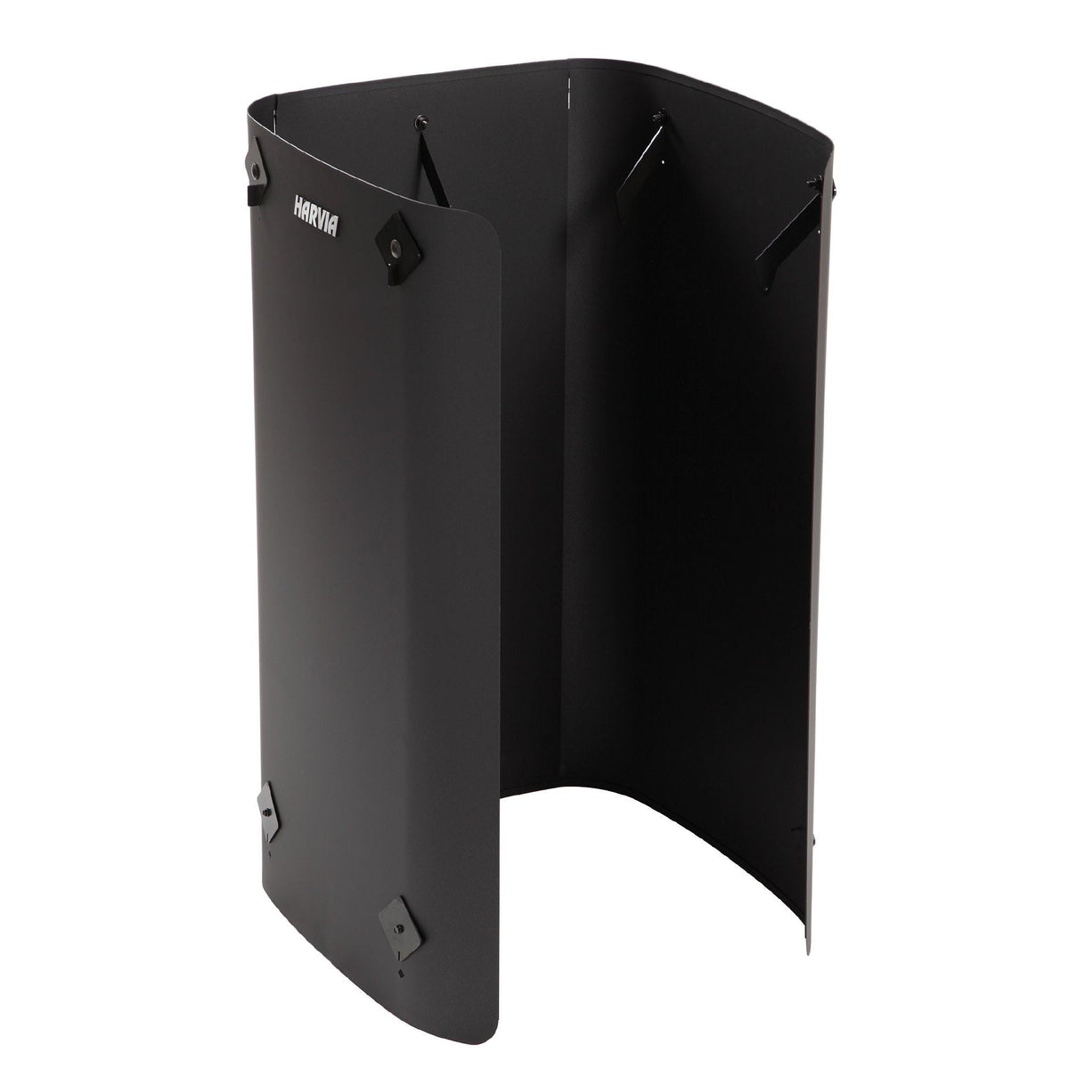 Harvia WL450 full protective sheath in black steel for the M series wood stove, three-sided, studio photo on white