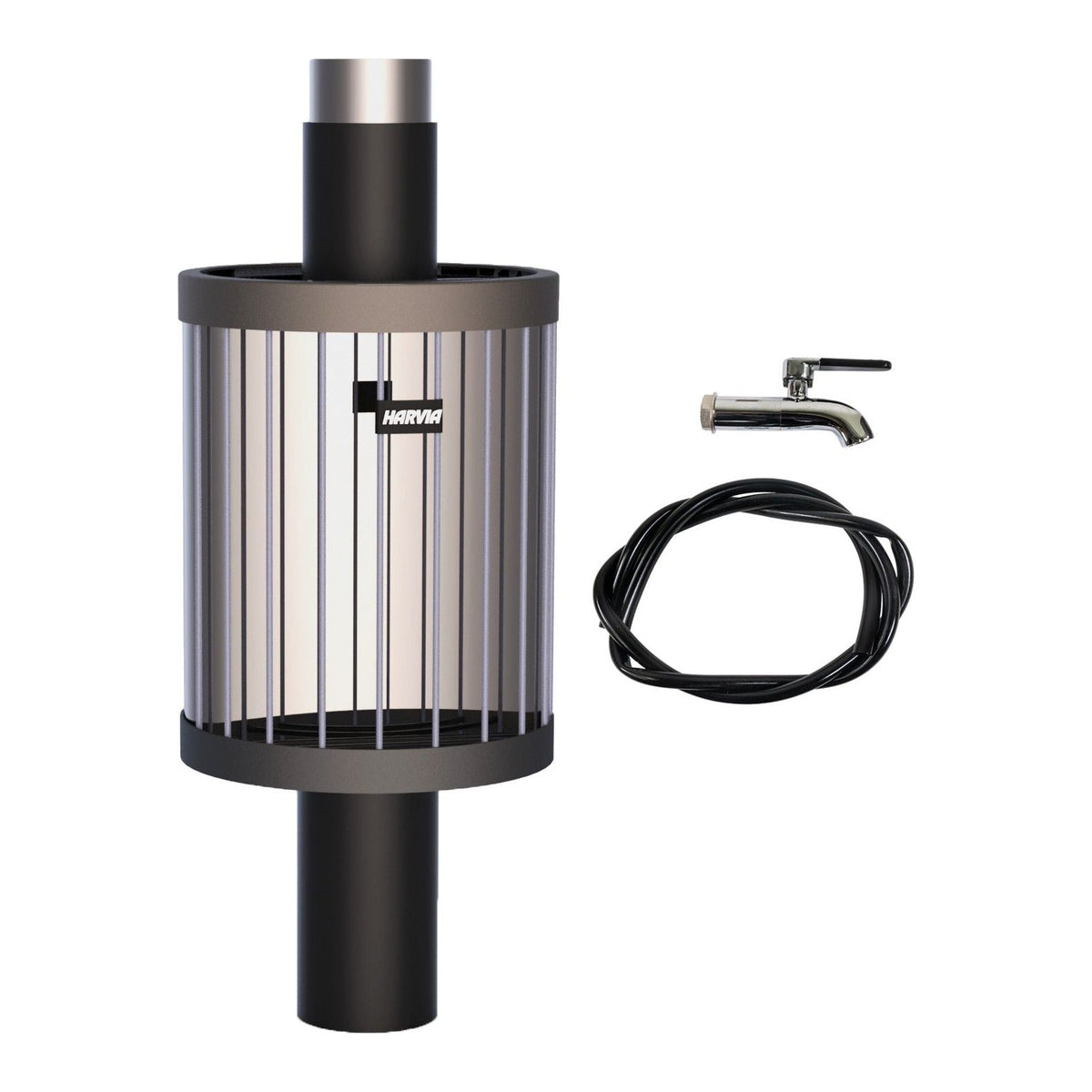 Harvia WP250LD 25 liter water heater for Legend stoves, with its faucet and hose, studio photo on white
