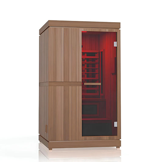 Finnmark FD-4 Trinity sauna on a white background at a three quarter angle, interior lit red behind the glass door