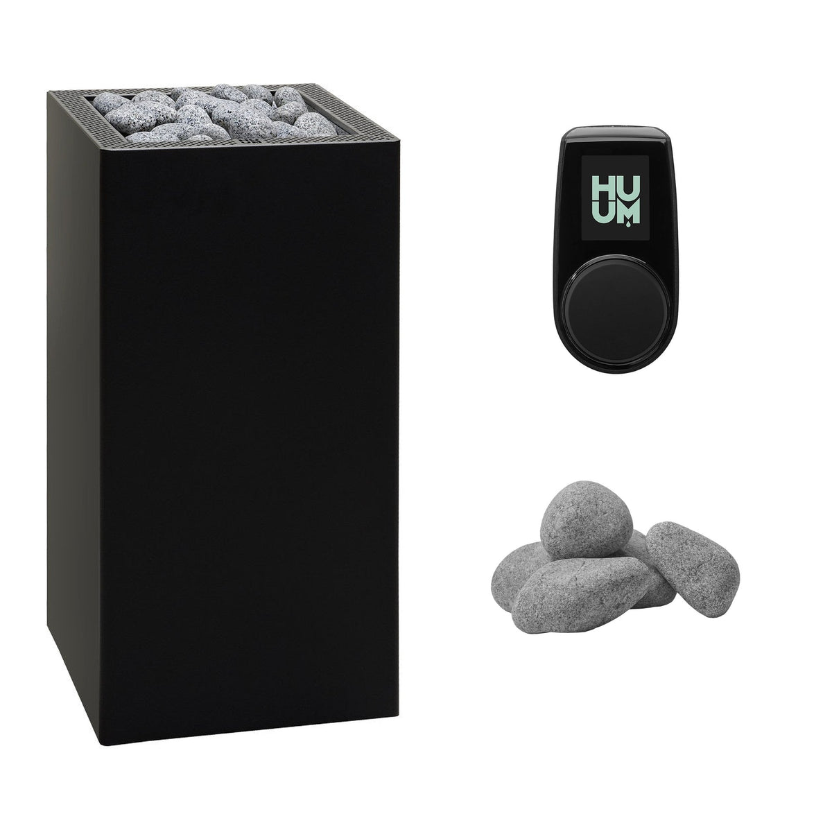 HUUM CORE 11 Sauna Heater Package | Exterior, UKU Control and Stones sauna heater package in black with UKU control panel and sauna stones