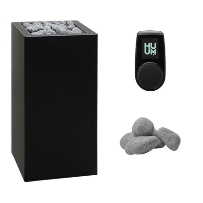 HUUM CORE 11 Sauna Heater Package | Exterior, UKU Control and Stones sauna heater package in black with UKU control panel and sauna stones