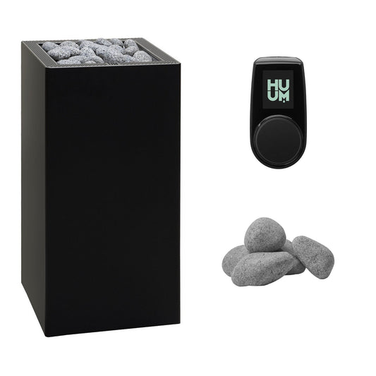 HUUM CORE 11 Sauna Heater Package | Exterior, UKU Control and Stones sauna heater package in black with UKU control panel and sauna stones
