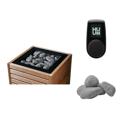 HUUM CORE 11 Sauna Heater Package | Exterior, UKU Control and Stones sauna heater package in thermo-aspen wood, black trim with UKU control panel and sauna stones