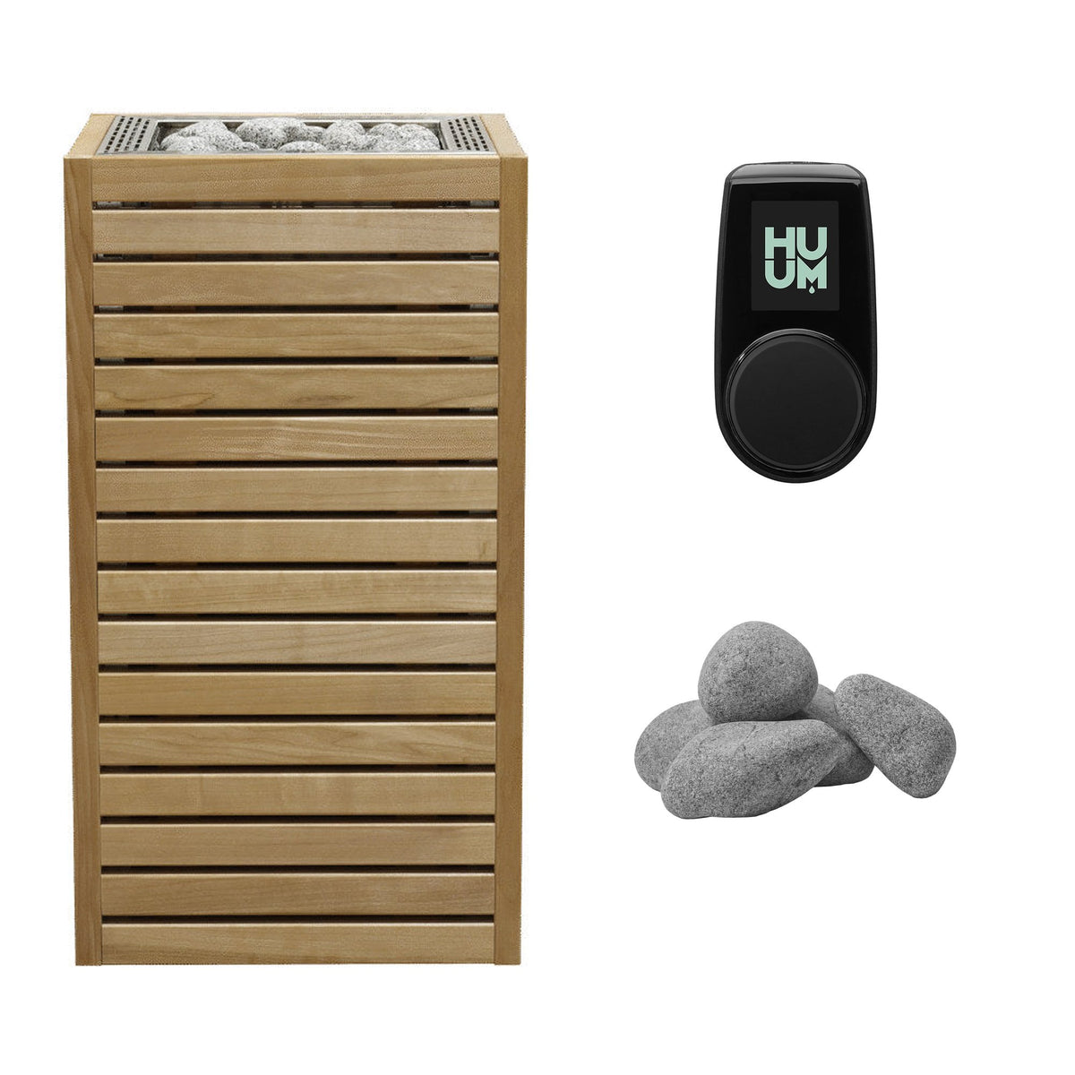 HUUM CORE 11 Sauna Heater Package | Exterior, UKU Control and Stones sauna heater package in thermo-aspen wood, stainless trim with UKU control panel and sauna stones
