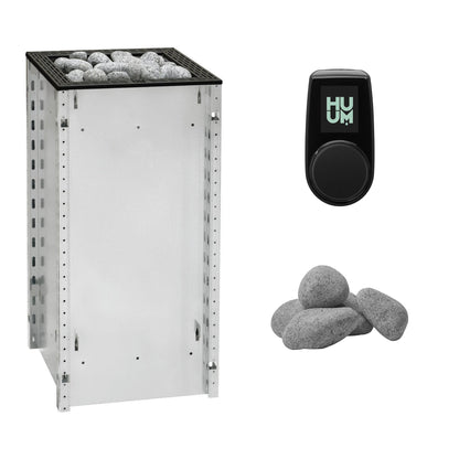 HUUM CORE 11 Sauna Heater Package | Exterior, UKU Control and Stones sauna heater package in unfinished, black trim with UKU control panel and sauna stones