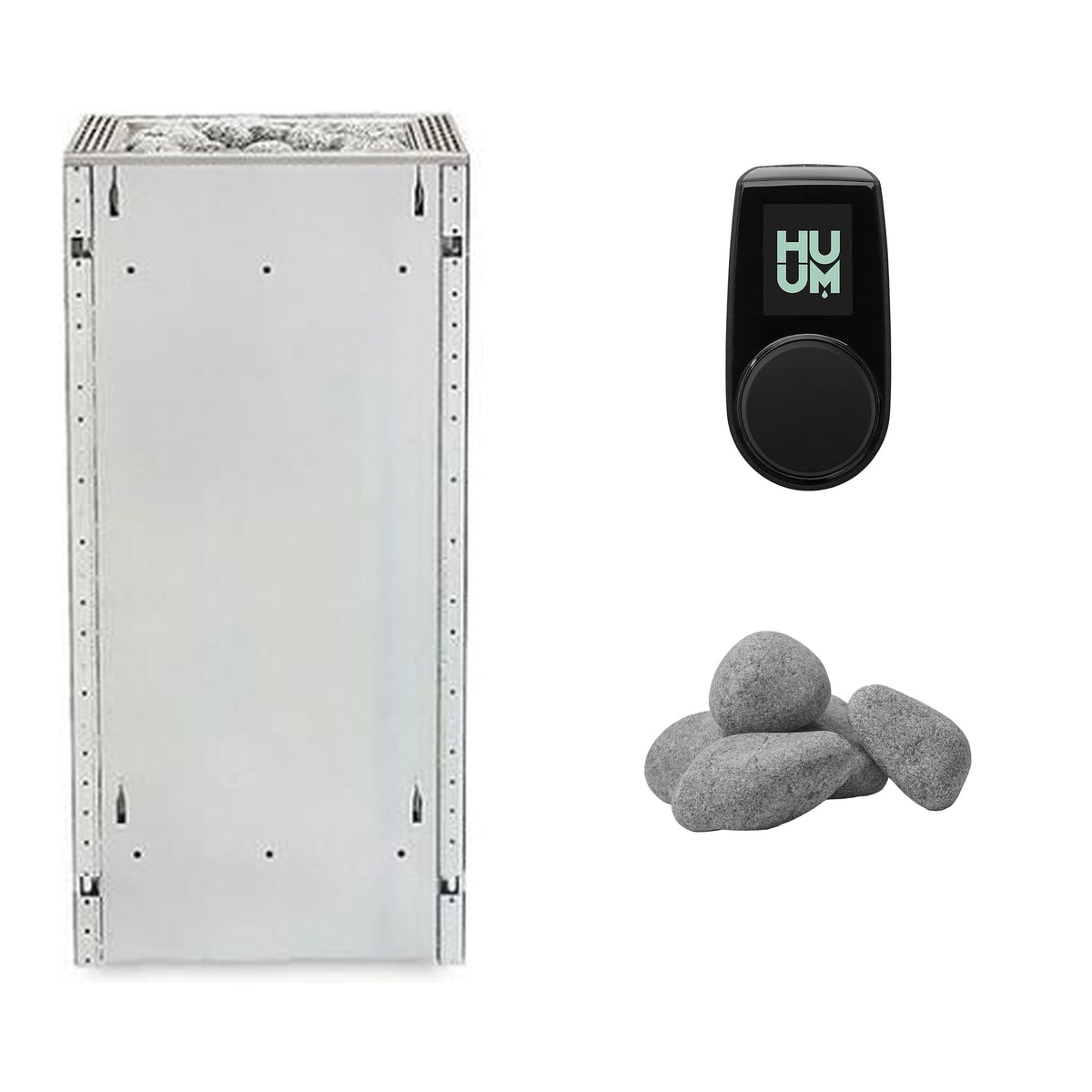 HUUM CORE 11 Sauna Heater Package | Exterior, UKU Control and Stones sauna heater package in unfinished, stainless trim with UKU control panel and sauna stones