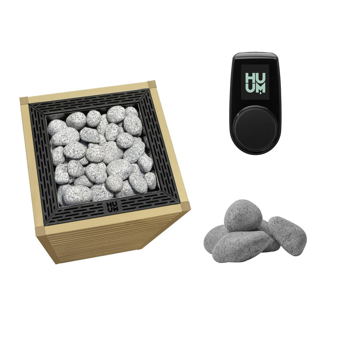 HUUM CORE 6 Sauna Heater Package | Exterior, UKU Control and Stones sauna heater package in alder wood, black trim with UKU control panel and sauna stones