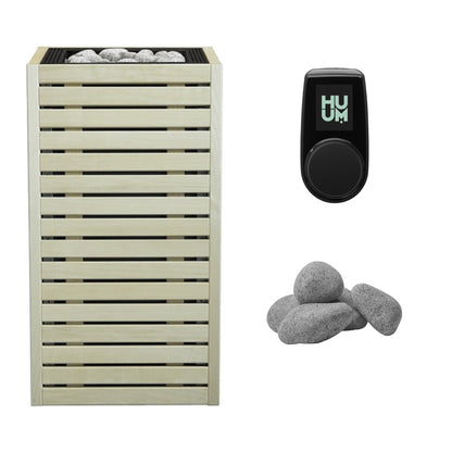 HUUM CORE 9 Sauna Heater Package | Exterior, UKU Control and Stones sauna heater package in aspen wood, black trim with UKU control panel and sauna stones