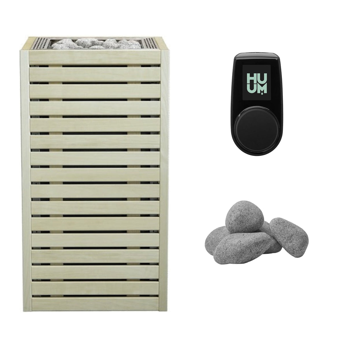 HUUM CORE 9 Sauna Heater Package | Exterior, UKU Control and Stones sauna heater package in aspen wood, stainless trim with UKU control panel and sauna stones
