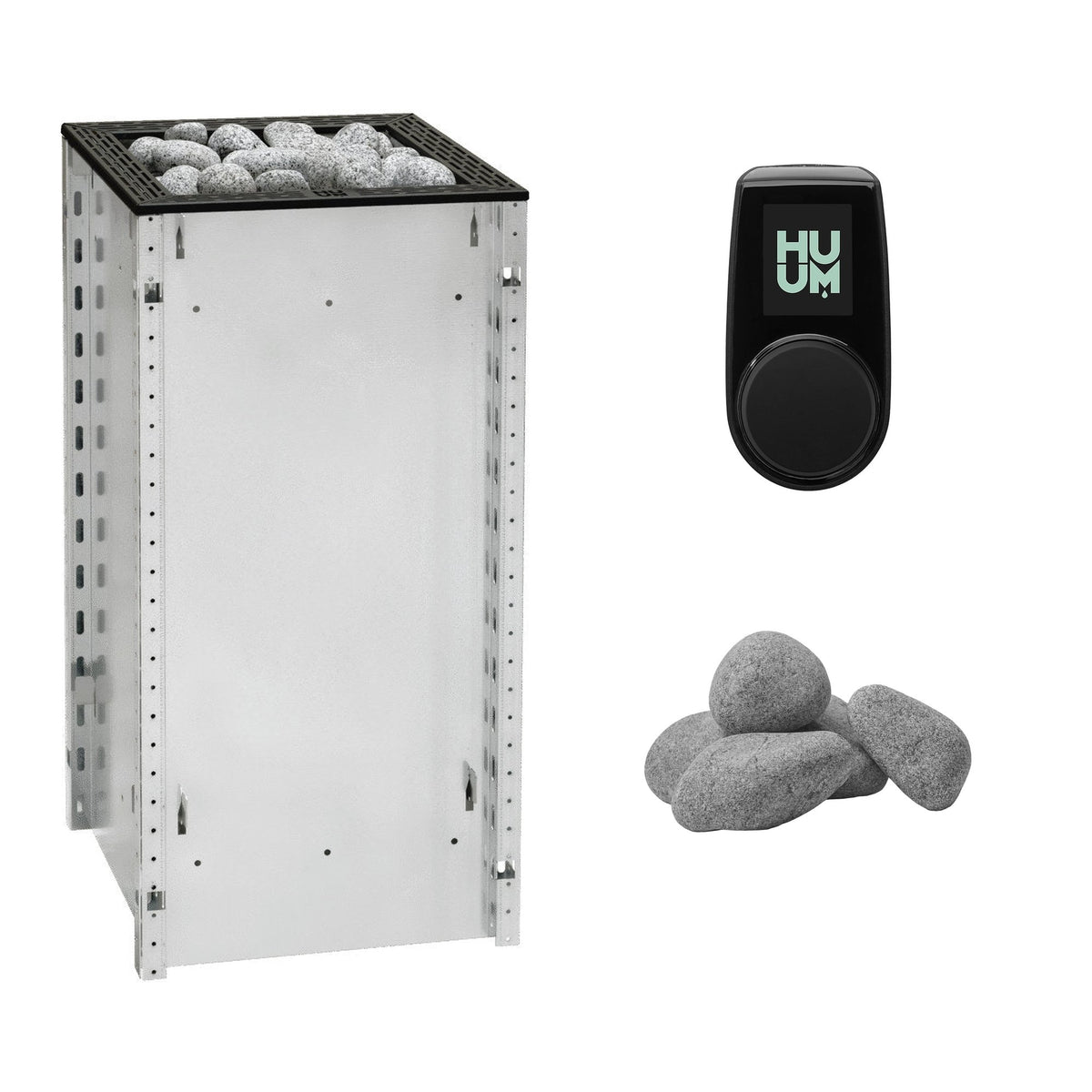 HUUM CORE 9 Sauna Heater Package | Exterior, UKU Control and Stones sauna heater package in unfinished, black trim with UKU control panel and sauna stones