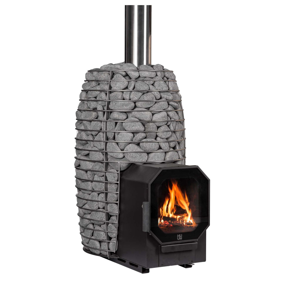 HUUM HIVE Flow LS sauna stove with the firebox extension that loads through a wall