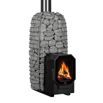 HUUM HIVE Flow Mini LS wood burning sauna stove with the fire lit