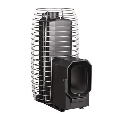 HUUM HIVE Flow Mini LS with the firebox extension that loads through a wall