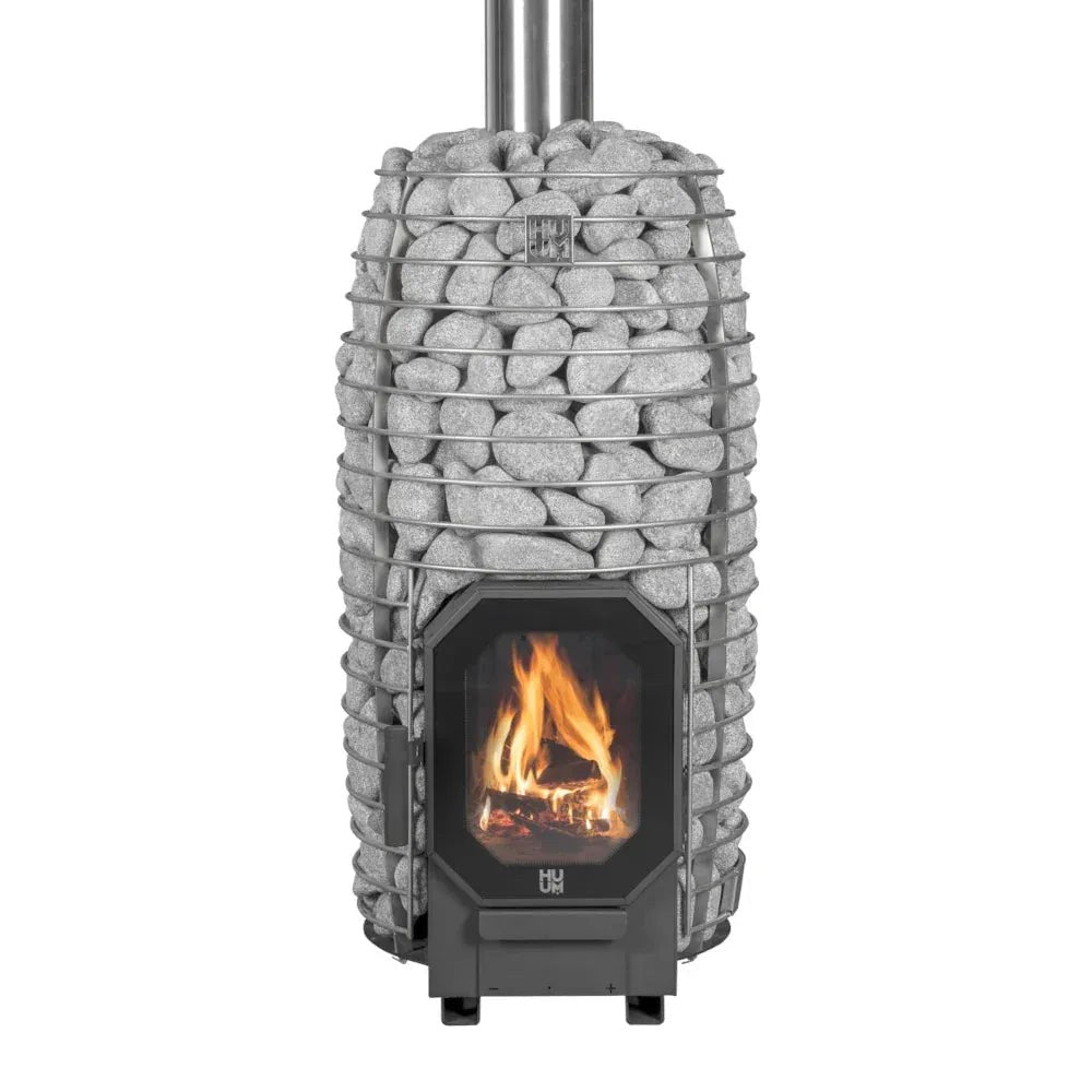HUUM HIVE Flow Mini wood burning sauna stove with the fire lit