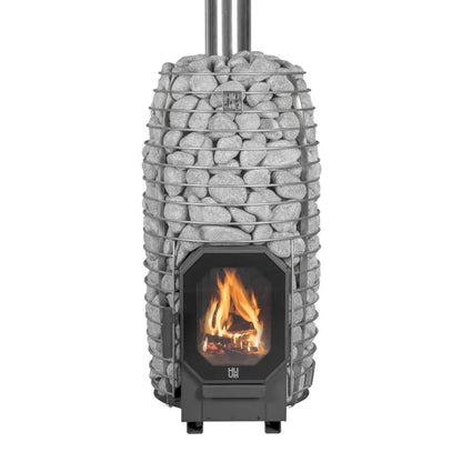 HUUM HIVE Flow Mini wood burning sauna stove with the fire lit