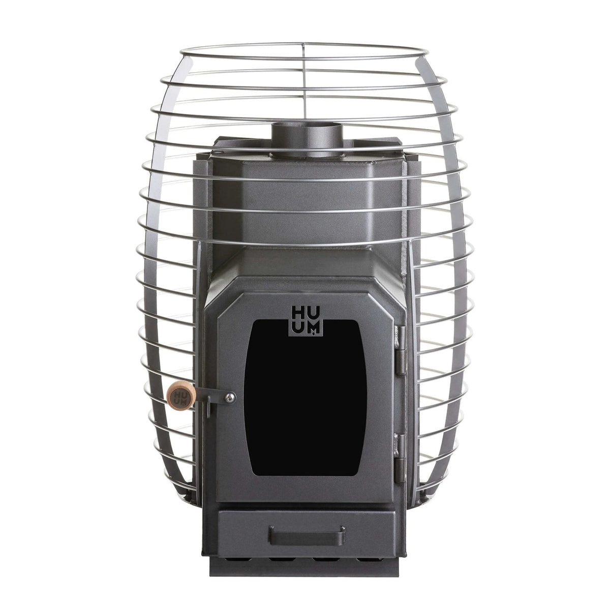 Empty steel stone cage and firebox of the HUUM HIVE Wood 17 LS sauna stove