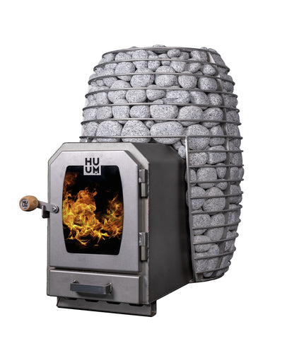 HUUM HIVE Wood 17 LS sauna stove with the firebox extension that loads through a wall