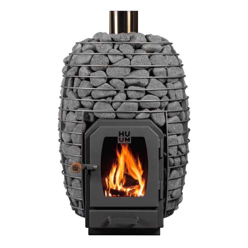 HUUM HIVE Wood 17 wood burning sauna stove with a fire behind the glass door