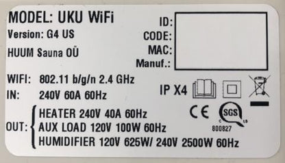 Rating label of the HUUM UKU Wi-Fi main module, reading UKU WiFi version G4 US