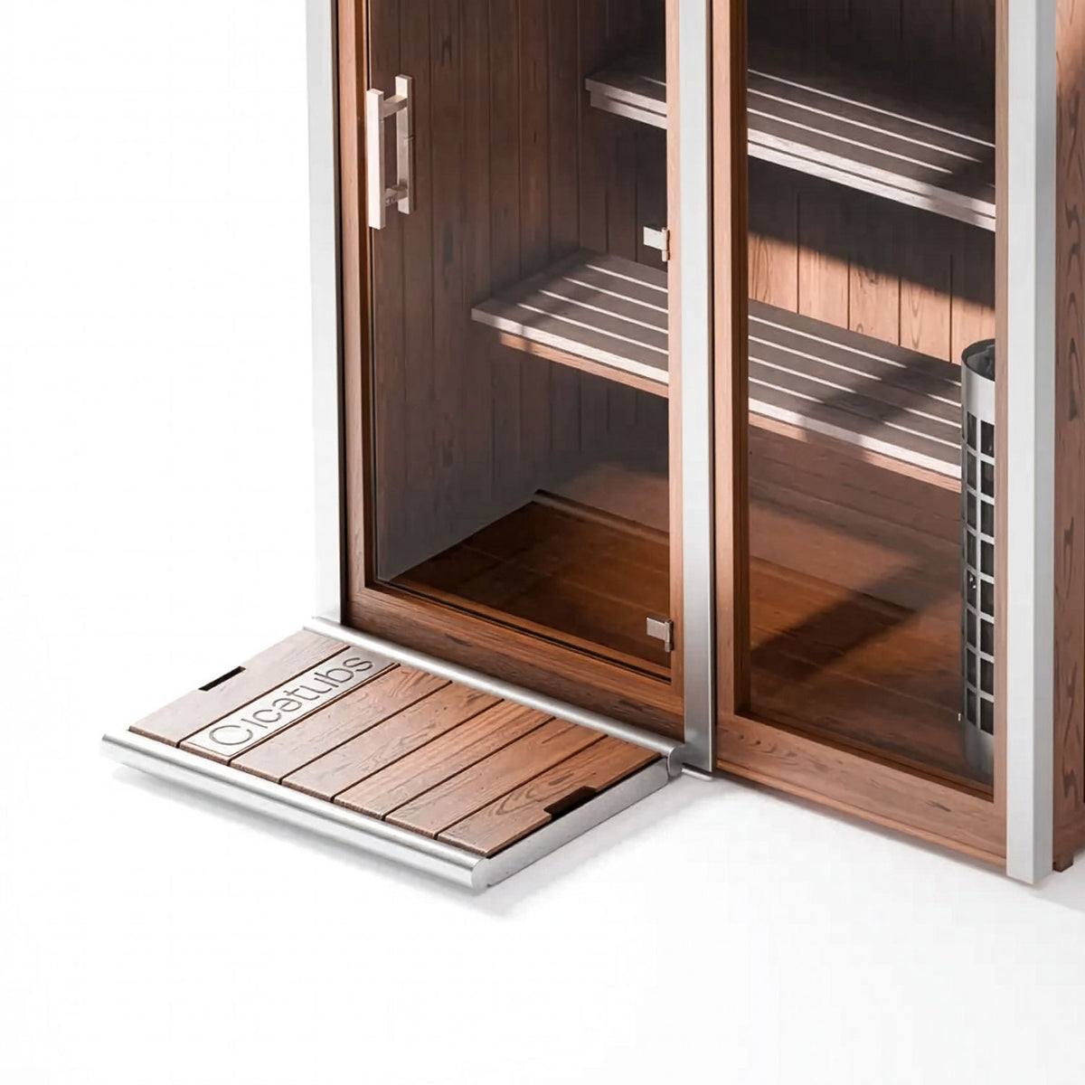 Icetubs Drip Tray for IceBath and IceBarrel Cold Plunges, close view of the Thermowood inlay and the 304 stainless pan