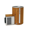 Icetubs IceBarrel Thermowood & Stainless Steel Cold Plunge Tub, three quarter studio view with the cooling engine beside it