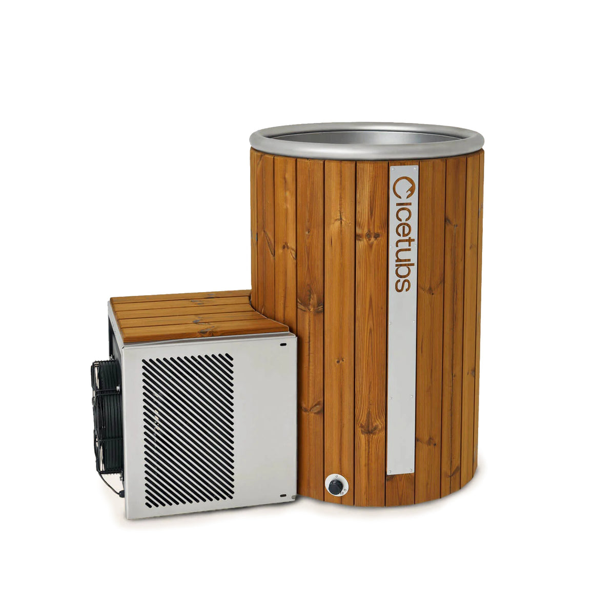 Icetubs IceBarrel Thermowood & Stainless Steel Cold Plunge Tub, three quarter studio view with the cooling engine beside it