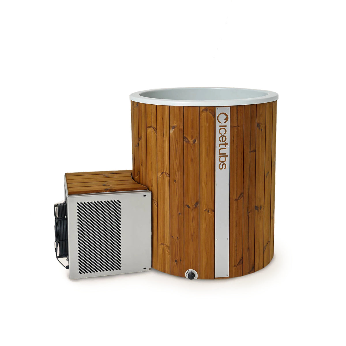 Icetubs IceBarrel XL Thermowood & Fiberglass Cold Plunge Tub, three quarter studio view with the cooling engine beside it
