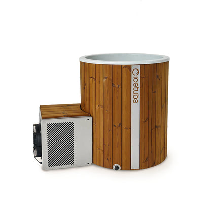 Icetubs IceBarrel XL Thermowood & Fiberglass Cold Plunge Tub, three quarter studio view with the cooling engine beside it