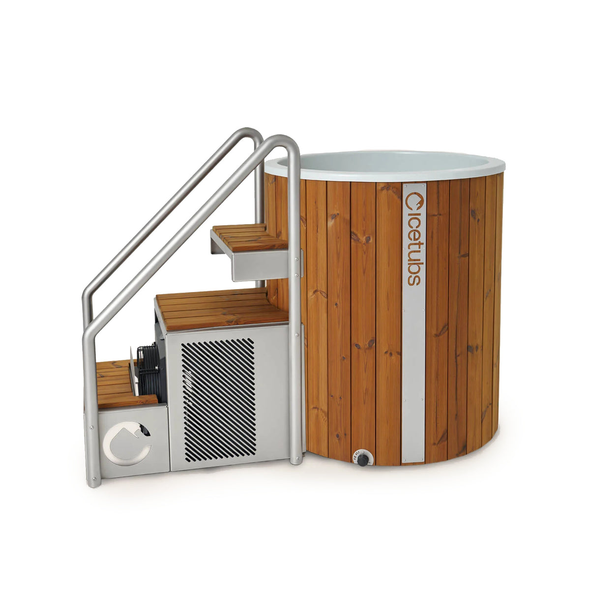 Icetubs IceBarrel XL Thermowood & Fiberglass Cold Plunge Tub, fitted with the optional Thermowood and stainless stairs