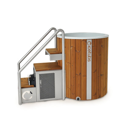 Icetubs IceBarrel XL Thermowood & Fiberglass Cold Plunge Tub, fitted with the optional Thermowood and stainless stairs