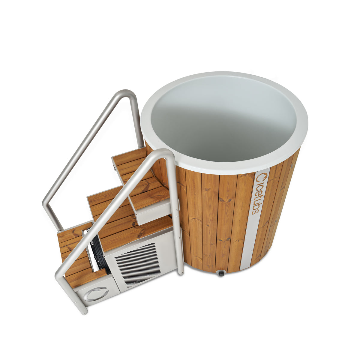 Icetubs IceBarrel XL Thermowood & Fiberglass Cold Plunge Tub, looking down into the 35.1 inch fiberglass interior