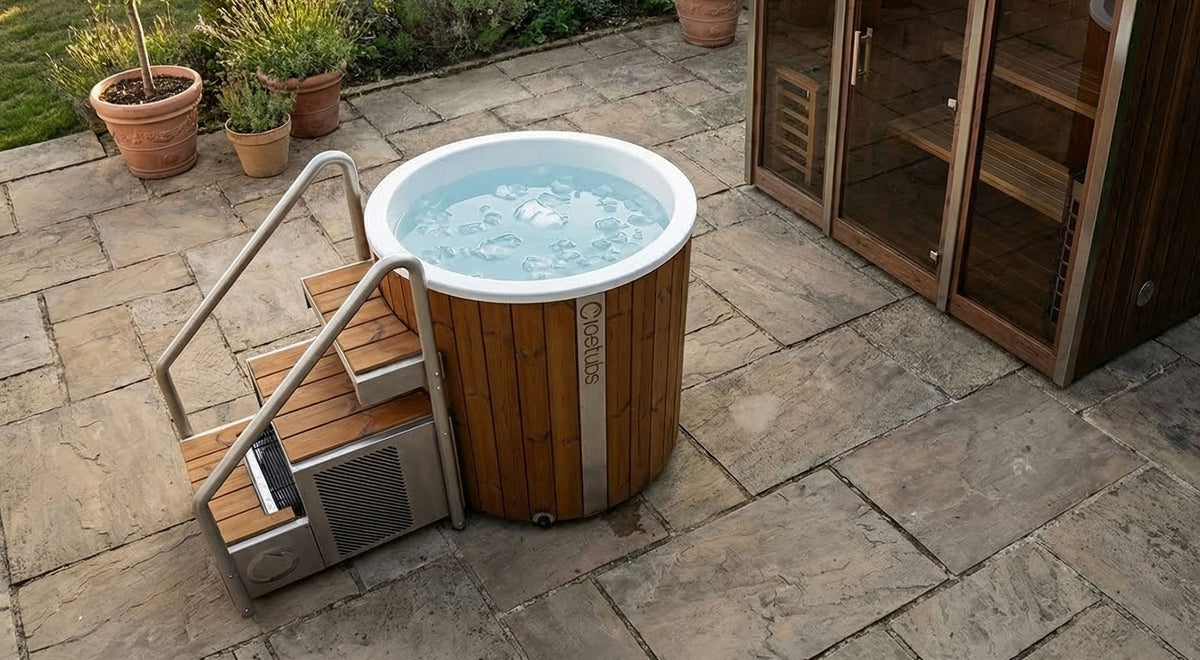 Icetubs IceBarrel XL Thermowood & Fiberglass Cold Plunge Tub, installed outdoors on a garden patio