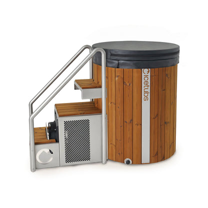 Icetubs IceBarrel XL Thermowood & Fiberglass Cold Plunge Tub, cover fitted with the optional stairs in place