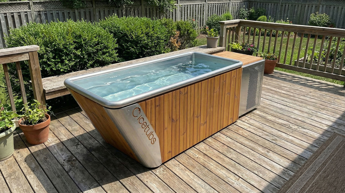 Icetubs IceBath Thermowood & Stainless Steel Cold Plunge Tub, filled and running on a timber deck