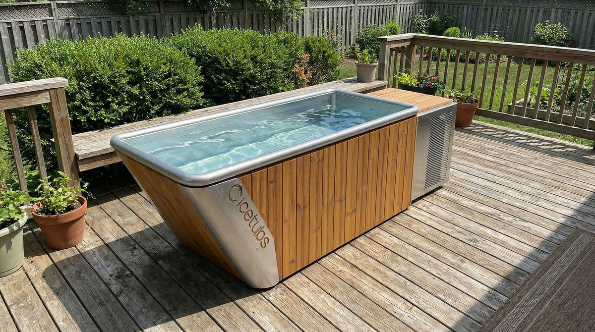 Icetubs IceBath XL Thermowood & Stainless Steel Cold Plunge Tub, filled and running on a timber deck
