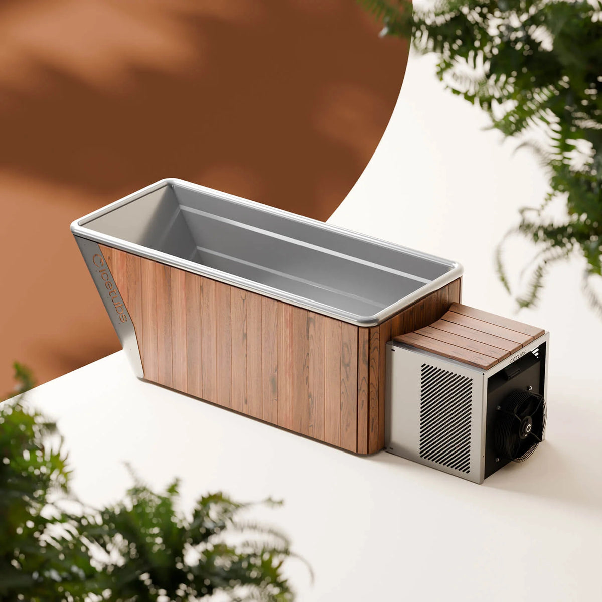 Icetubs IceBath Thermowood & Stainless Steel Cold Plunge Tub, studio view from the foot end showing the cooling engine housing