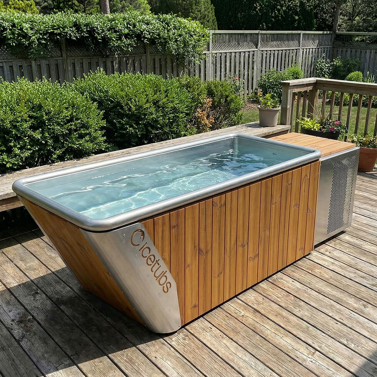 Icetubs IceBath Thermowood & Stainless Steel Cold Plunge Tub, installed along the edge of a backyard deck