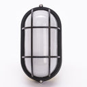 Black oval bulkhead electric sauna light with a caged glass cover, studio photo
