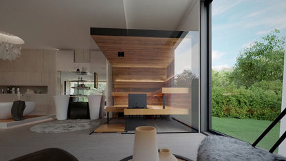 ThermaSol Lumaria indoor sauna cabin, glass front facing a garden window